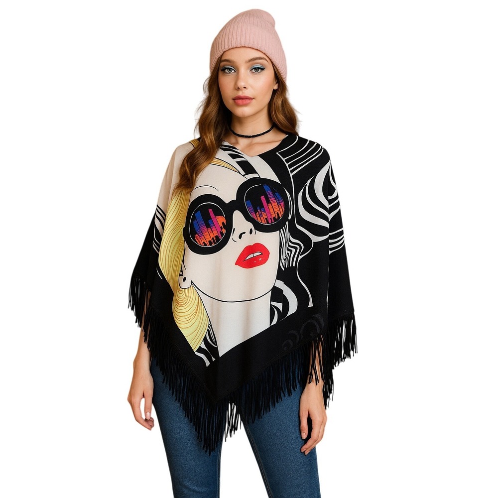 Y2K Mod Women Multi-color Fringe Trim‎ Poncho